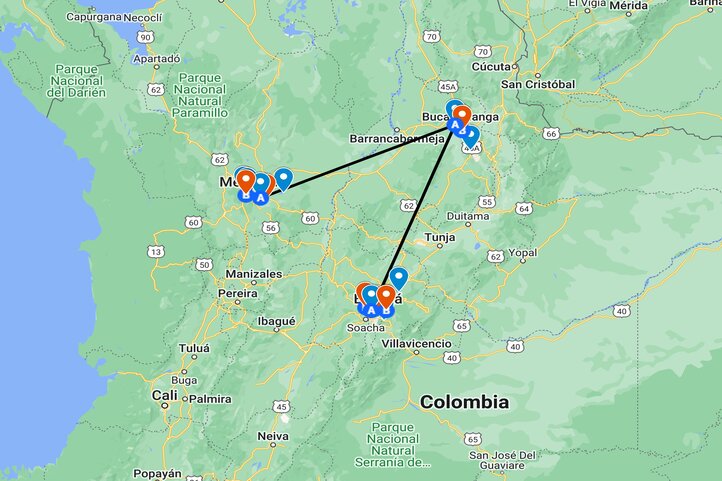 Golf Itinerary Map Colombia 3 destinations 10 days